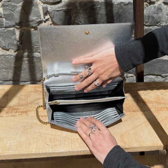 Saint Laurent Silver Metallic Kate Monogram Wallet On Chain Clutch - Picture 12 of 15